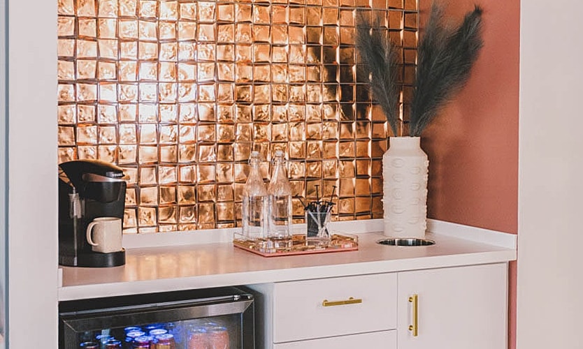Modern kitchen counter with decorative elements.