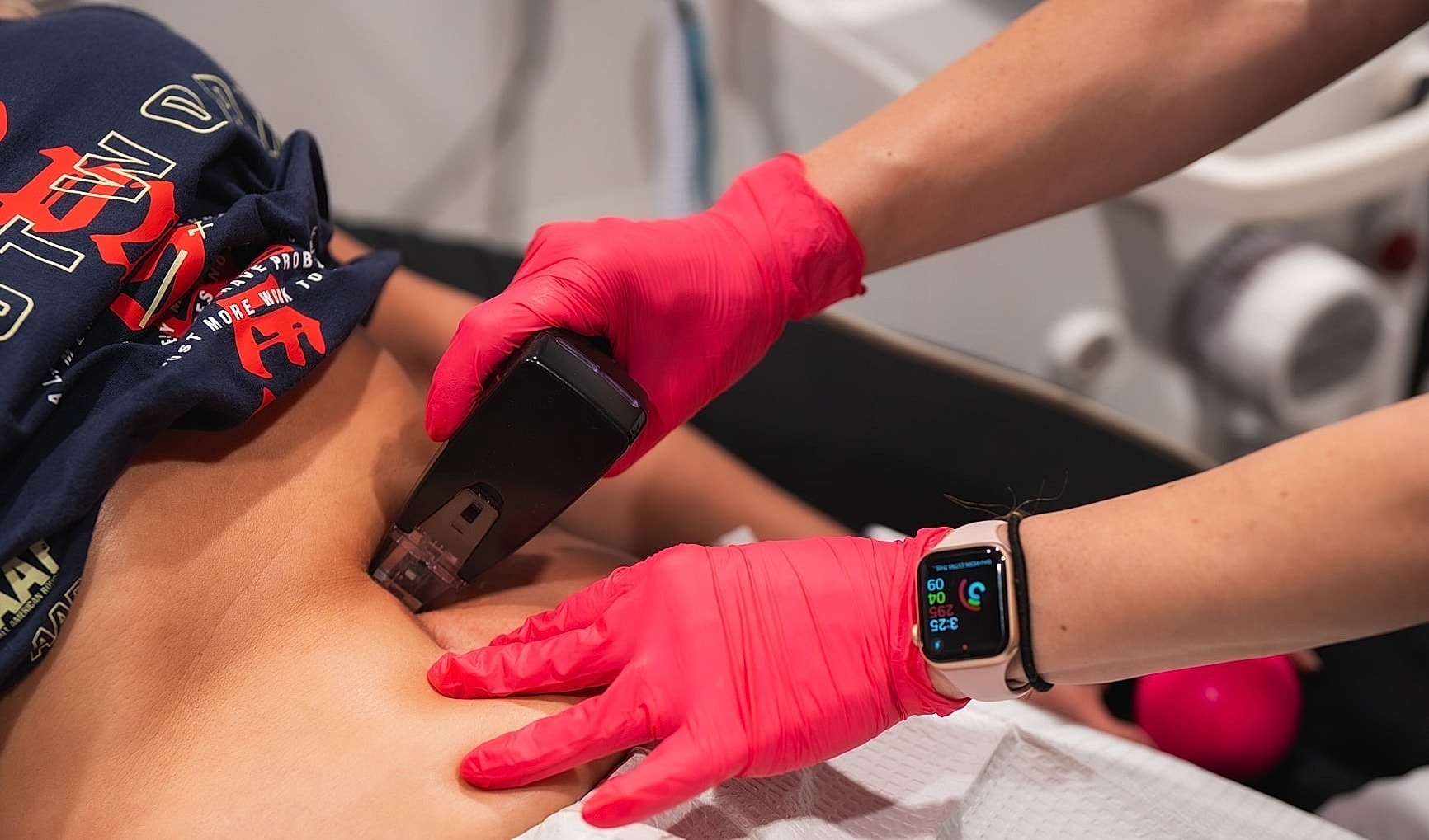 Smiling woman touching her face softly.